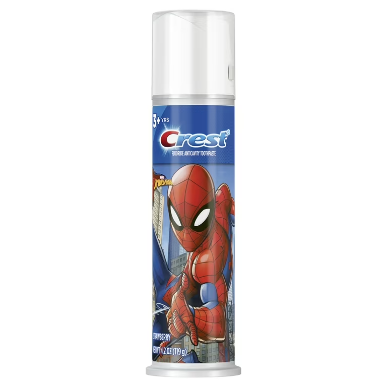 crest kid's cavity protection toothpaste pump featuring marvel's spiderman