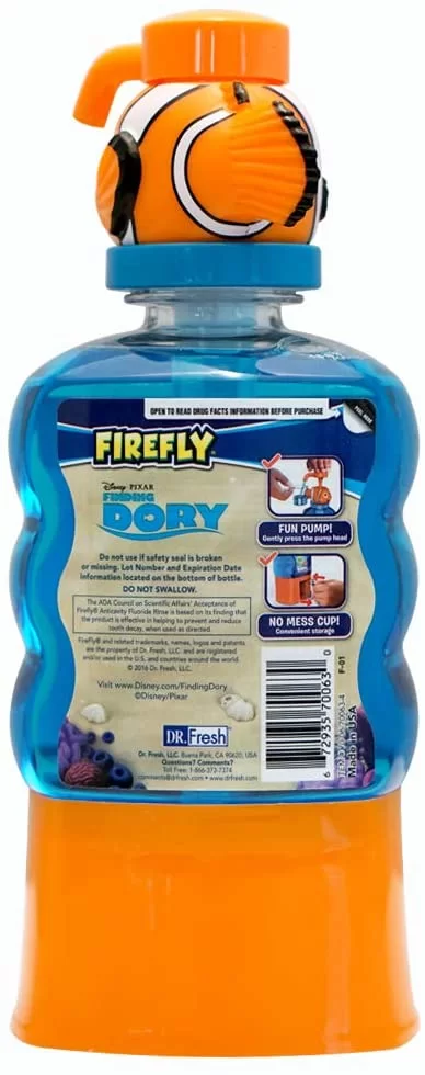 firefly finding dory anti-cavity fluoride rinse fun pump
